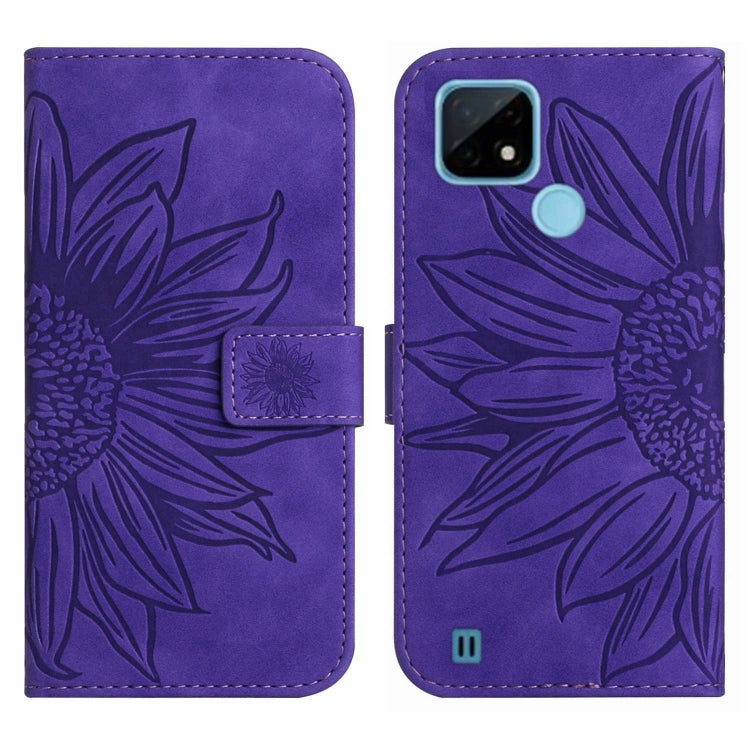 For Realme C20/C21 Skin Feel Sun Flower Pattern Flip Leather Phone Case with Lanyard
