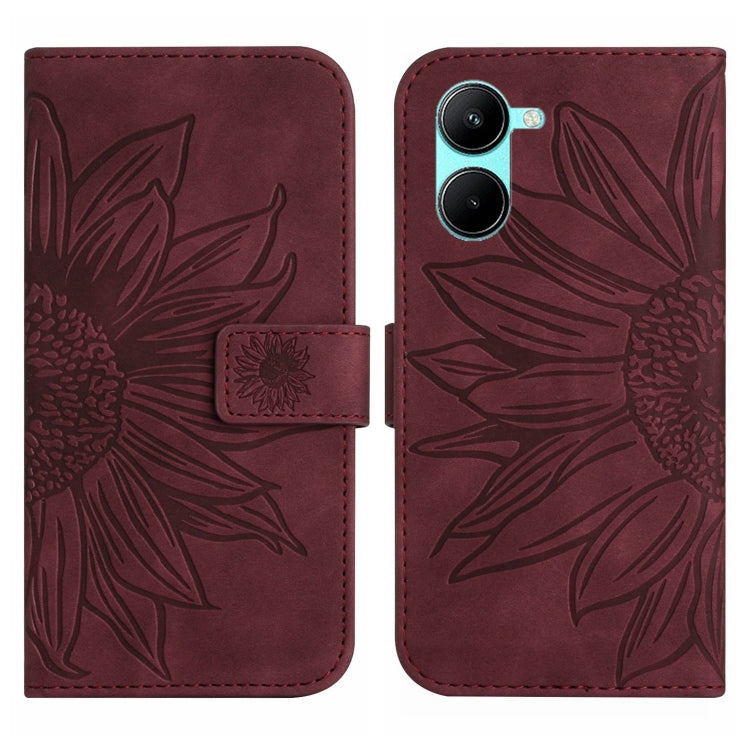 For Realme C33 Skin Feel Sun Flower Pattern Flip Leather Phone Case with Lanyard