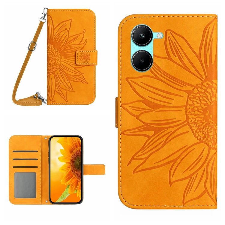 For Realme C35 Skin Feel Sun Flower Pattern Flip Leather Phone Case with Lanyard