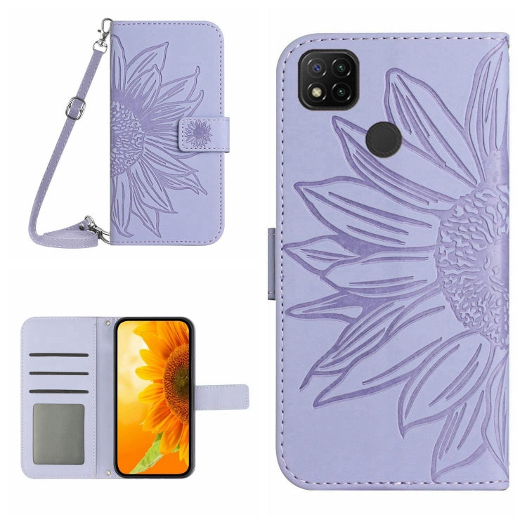 For Xiaomi Redmi 9C / Poco C3 Skin Feel Sun Flower Pattern Flip Leather Phone Case with Lanyard