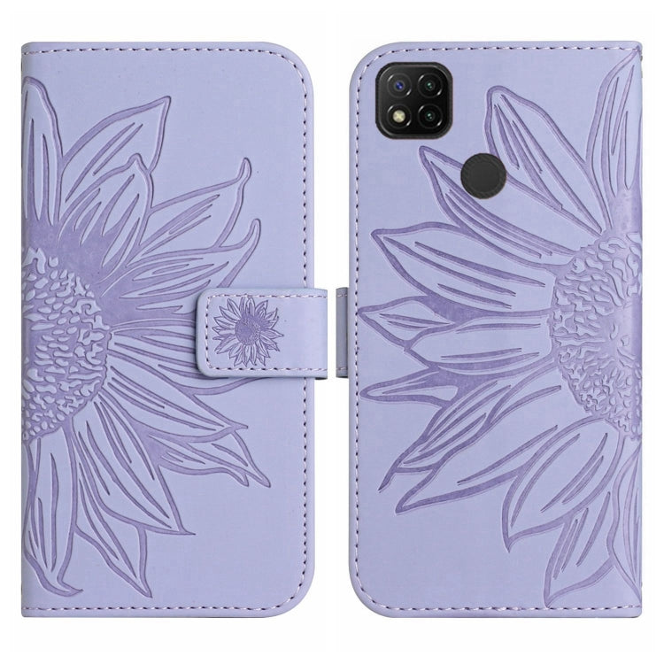 For Xiaomi Redmi 9C / Poco C3 Skin Feel Sun Flower Pattern Flip Leather Phone Case with Lanyard