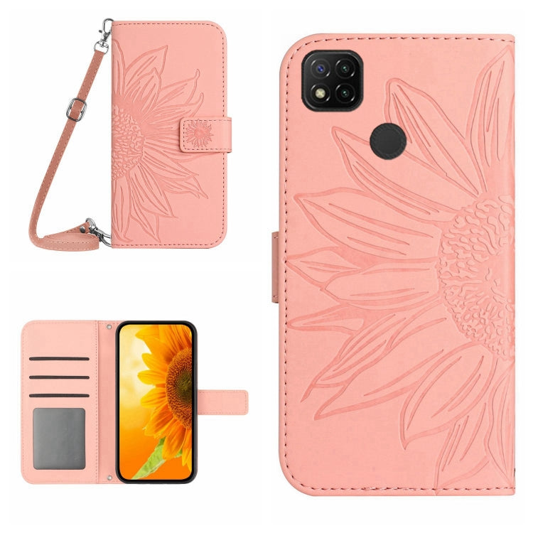For Xiaomi Redmi 9C / Poco C3 Skin Feel Sun Flower Pattern Flip Leather Phone Case with Lanyard