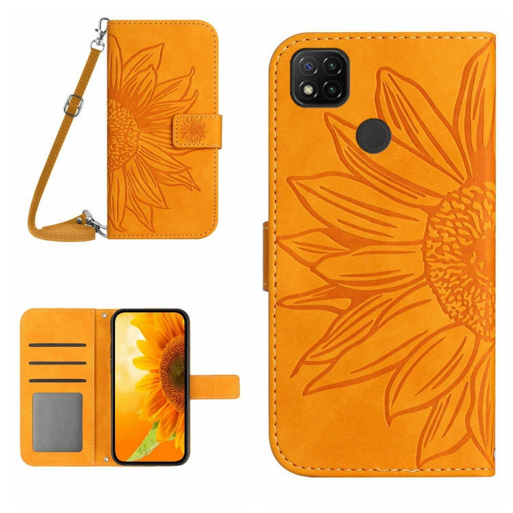 For Xiaomi Redmi 9C / Poco C3 Skin Feel Sun Flower Pattern Flip Leather Phone Case with Lanyard