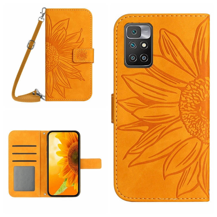 For Xiaomi Redmi 10 5G / Note 11E Skin Feel Sun Flower Pattern Flip Leather Phone Case with Lanyard