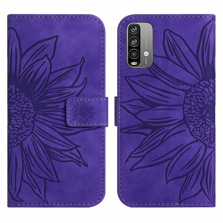 For Xiaomi Redmi 9T / 9 Power / Poco M3 Skin Feel Sun Flower Pattern Flip Leather Phone Case with Lanyard