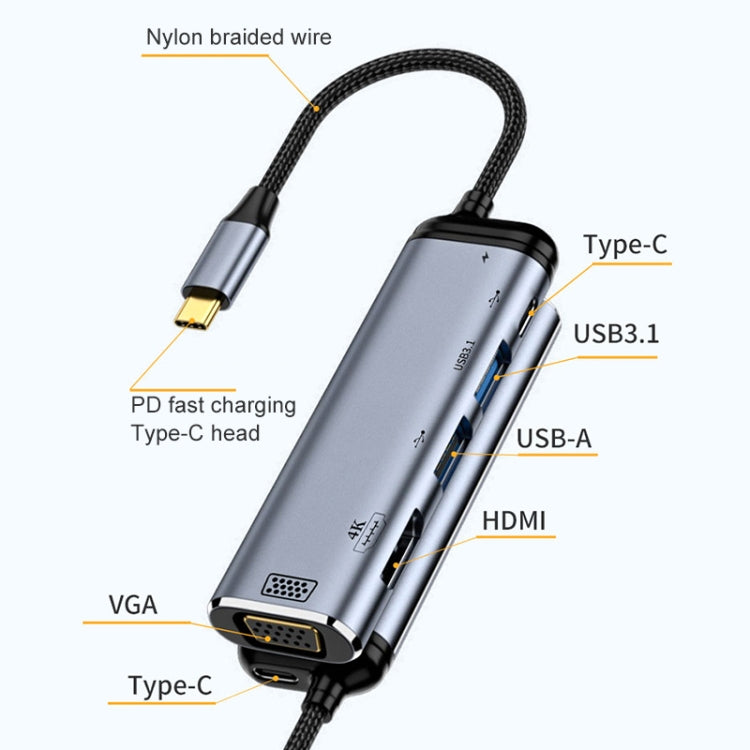 Y002 6 in 1 Type-C to VGA+HDMI+Dual USB+Dual USB-C/Type-C Interface Multifunctional Adapter
