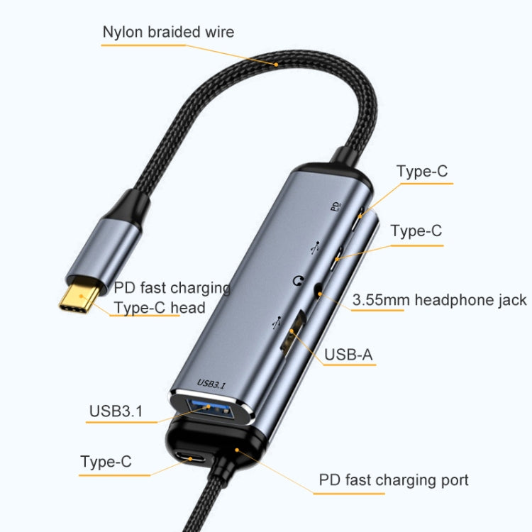 Y003 5 in 1 USB-C/Type-C to USB3.1+USB2.0+Dual USB-C/Type-C+3.5mm Audio Interface Multifunctional Adapter