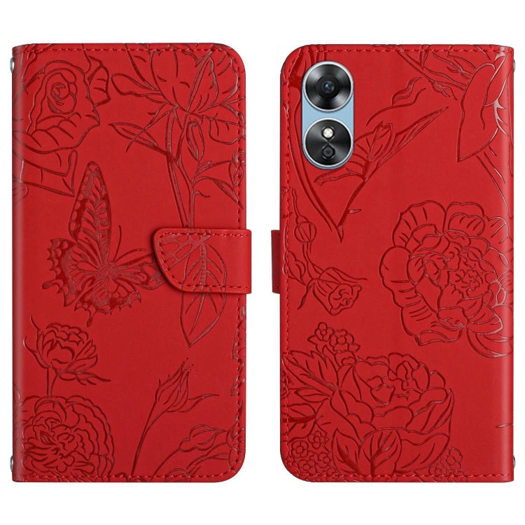 For OPPO A17 HT03 Skin Feel Butterfly Embossed Flip Leather Phone Case
