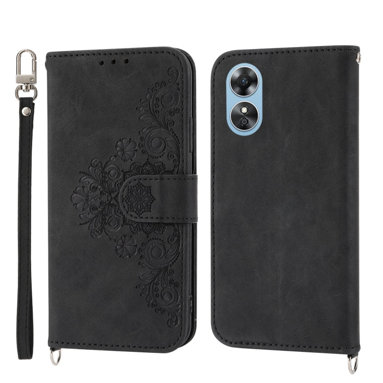 For OPPO A17 4G Skin-feel Flowers Embossed Wallet Leather Phone Case