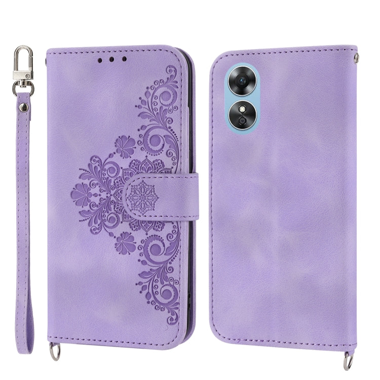 For OPPO A17 4G Skin-feel Flowers Embossed Wallet Leather Phone Case