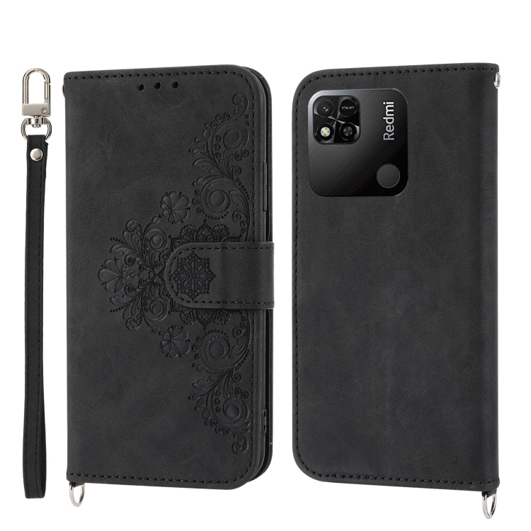 For Xiaomi Redmi 10A Skin-feel Flowers Embossed Wallet Leather Phone Case