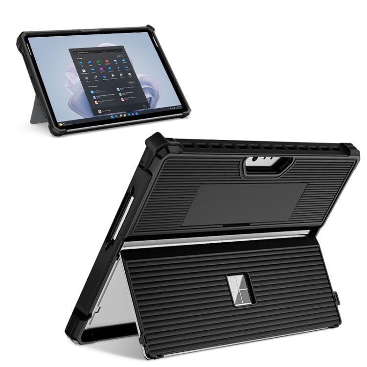 For Microsoft Surface Pro 8 Striped Hollow Tablet Case with Holder Cover and Shoulder Strap(Black)