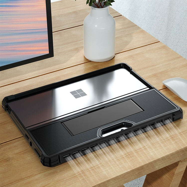 For Microsoft Surface Pro 8 Striped Hollow Tablet Case with Holder Cover and Shoulder Strap(Black)