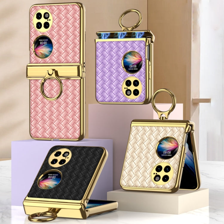 For Huawei P50 Pocket GKK Magnetic Shaft Electroplated Plain Leather Woven Texture Phone Case with Ring