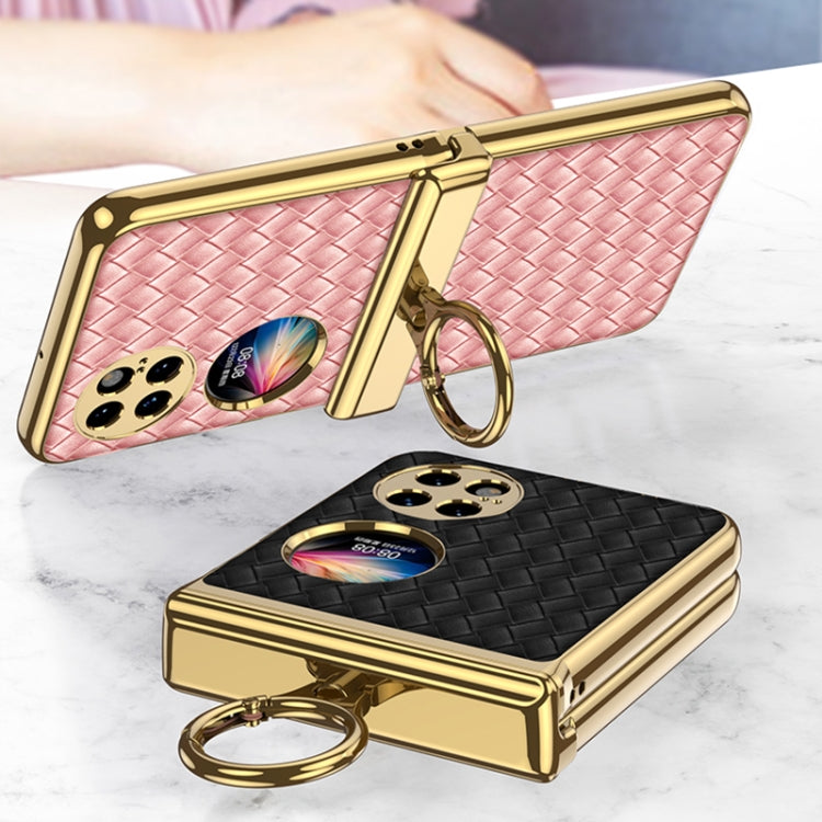 For Huawei P50 Pocket GKK Magnetic Shaft Electroplated Plain Leather Woven Texture Phone Case with Ring