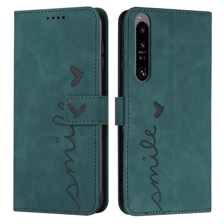 For Sony Xperia 1 IV Skin Feel Heart Embossed Leather Phone Case with Lanyard