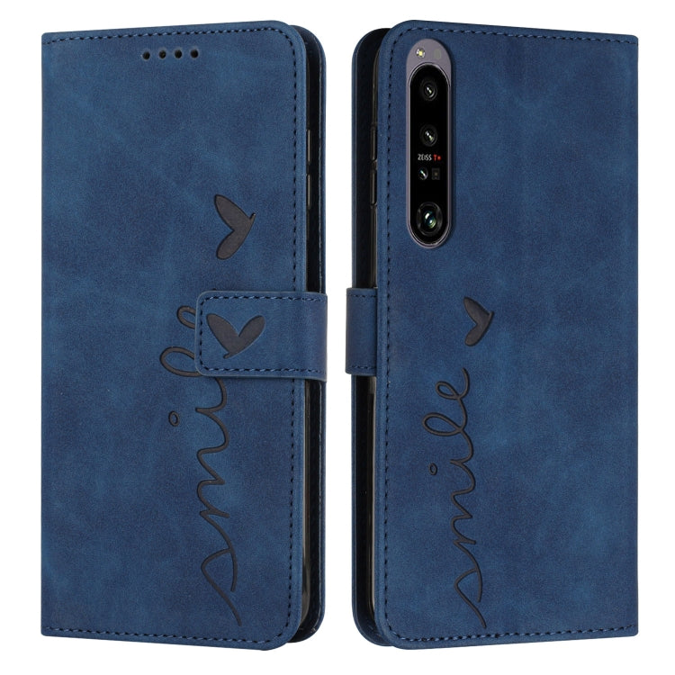 For Sony Xperia 1 IV Skin Feel Heart Embossed Leather Phone Case with Lanyard