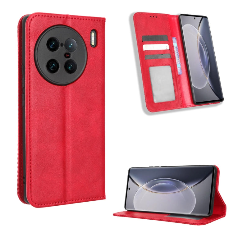 For vivo X90 Pro+ Magnetic Buckle Retro Texture Leather Phone Case