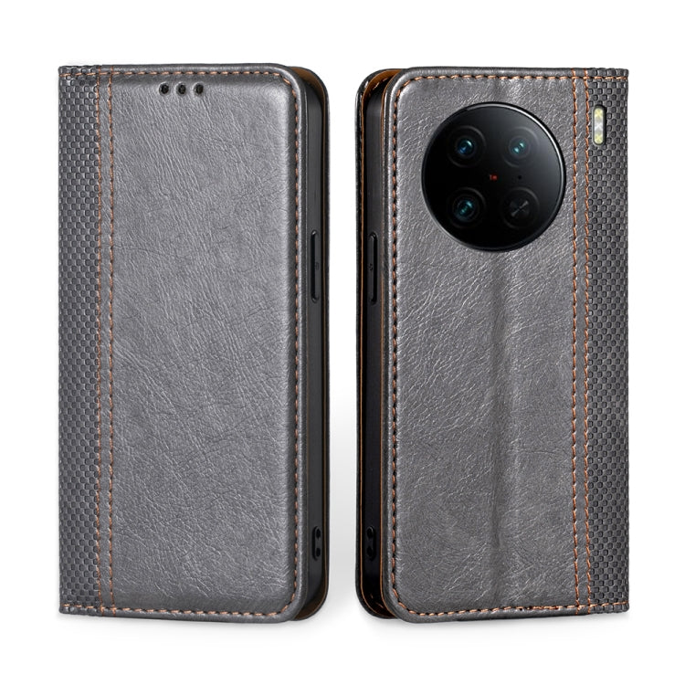 For vivo X90 Pro+ Grid Texture Magnetic Flip Leather Phone Case