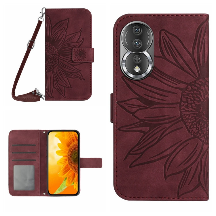 For Honor 80 HT04 Skin Feel Sun Flower Embossed Flip Leather Phone Case with Lanyard