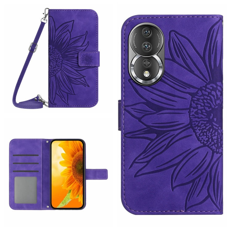 For Honor 80 HT04 Skin Feel Sun Flower Embossed Flip Leather Phone Case with Lanyard