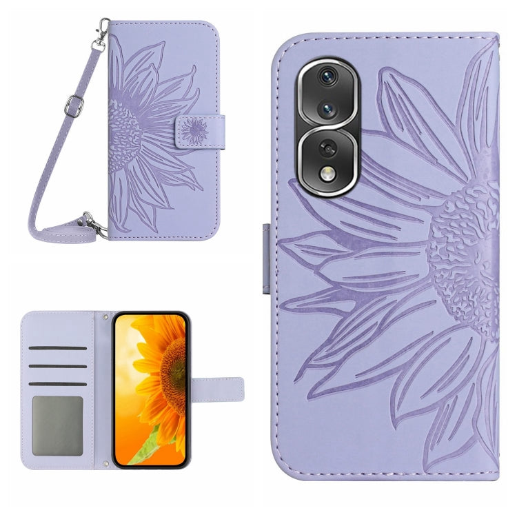 For Honor 80 Pro HT04 Skin Feel Sun Flower Embossed Flip Leather Phone Case with Lanyard