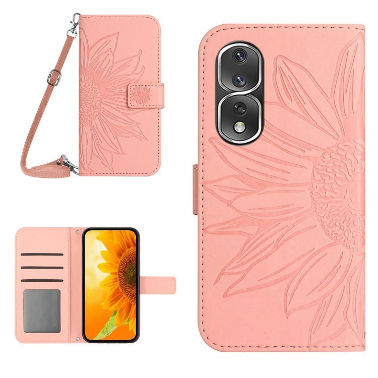 For Honor 80 Pro HT04 Skin Feel Sun Flower Embossed Flip Leather Phone Case with Lanyard