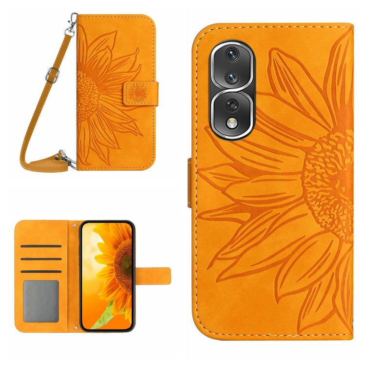 For Honor 80 Pro HT04 Skin Feel Sun Flower Embossed Flip Leather Phone Case with Lanyard