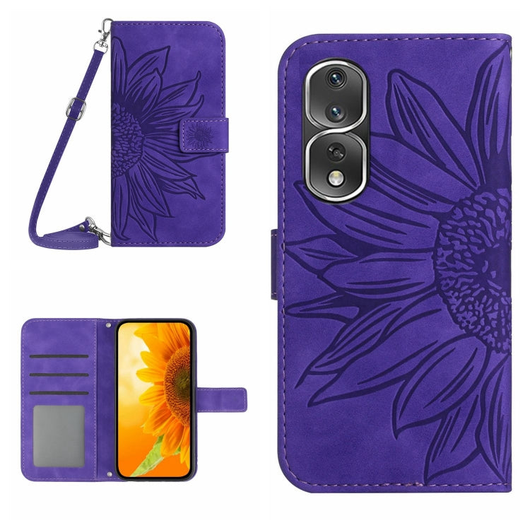 For Honor 80 Pro HT04 Skin Feel Sun Flower Embossed Flip Leather Phone Case with Lanyard