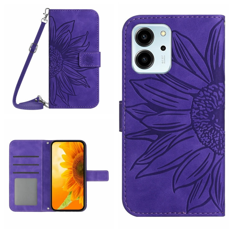 For Honor 80 SE HT04 Skin Feel Sun Flower Embossed Flip Leather Phone Case with Lanyard