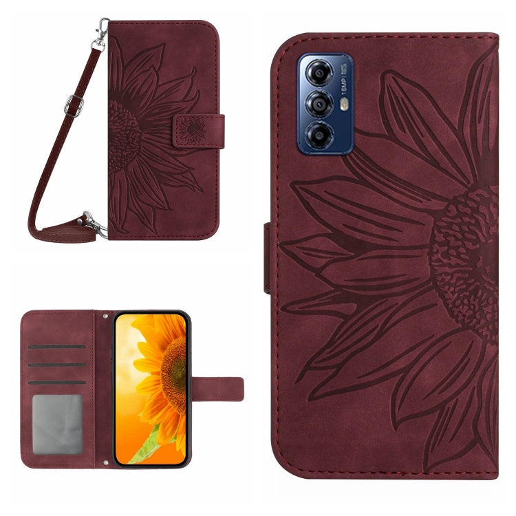 For Motorola Moto G Play 2023 HT04 Skin Feel Sun Flower Embossed Flip Leather Phone Case with Lanyard