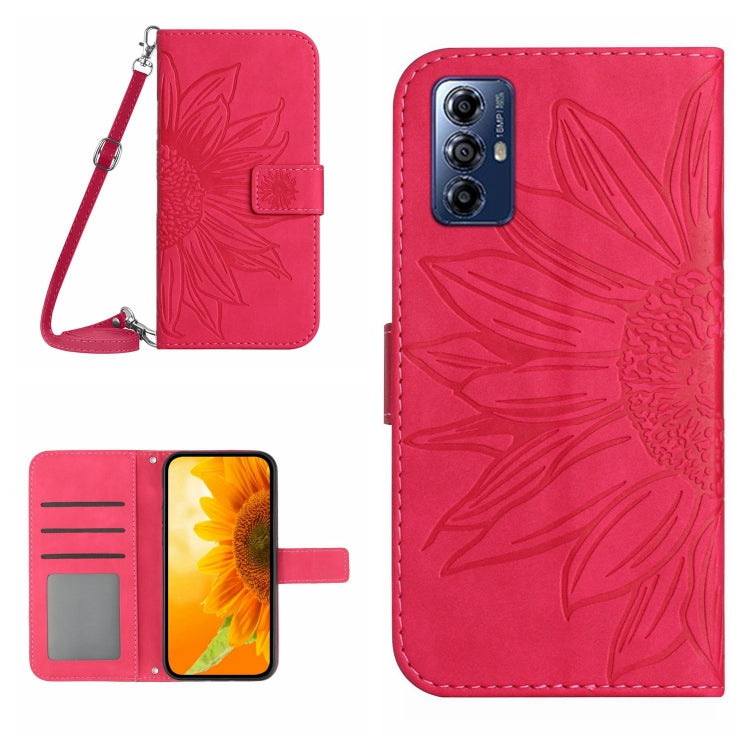 For Motorola Moto G Play 2023 HT04 Skin Feel Sun Flower Embossed Flip Leather Phone Case with Lanyard