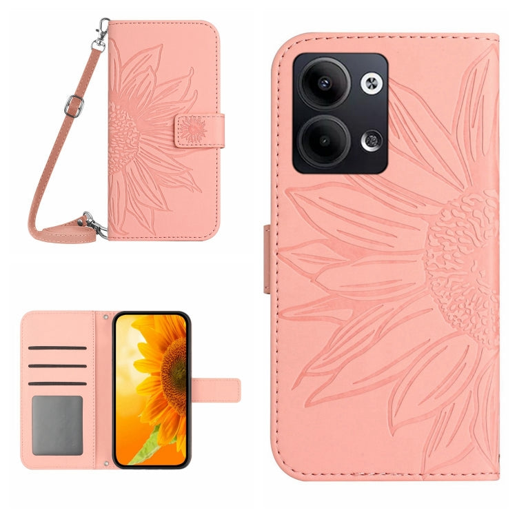 For OPPO Reno9 / Reno9 Pro HT04 Skin Feel Sun Flower Embossed Flip Leather Phone Case with Lanyard
