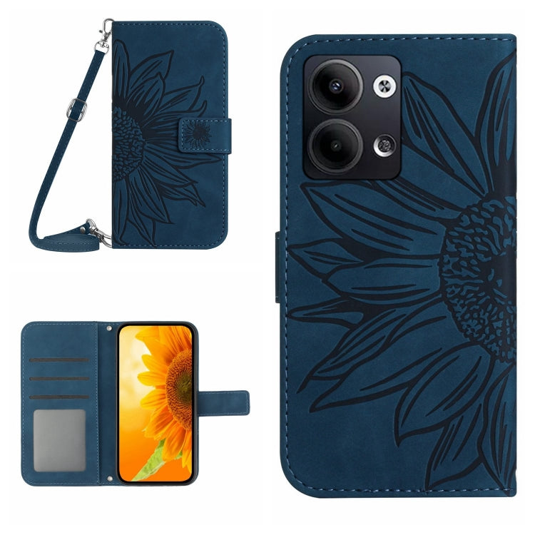 For OPPO Reno9 / Reno9 Pro HT04 Skin Feel Sun Flower Embossed Flip Leather Phone Case with Lanyard