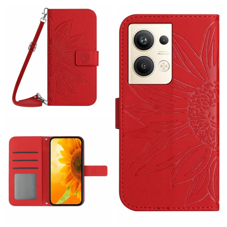 For OPPO Reno9 Pro+ HT04 Skin Feel Sun Flower Embossed Flip Leather Phone Case with Lanyard