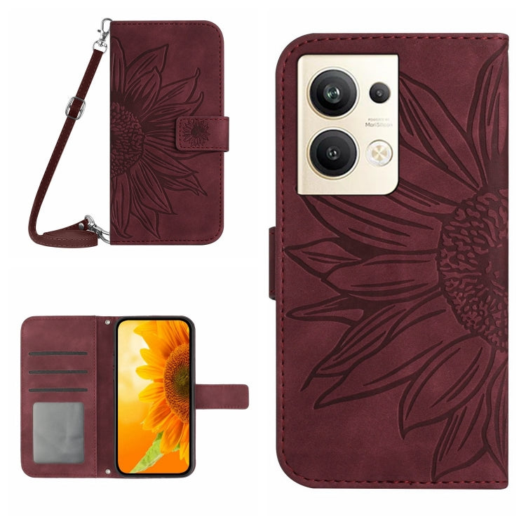 For OPPO Reno9 Pro+ HT04 Skin Feel Sun Flower Embossed Flip Leather Phone Case with Lanyard
