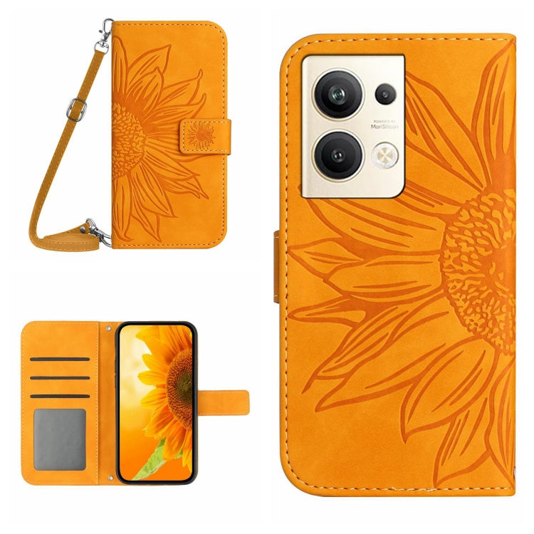 For OPPO Reno9 Pro+ HT04 Skin Feel Sun Flower Embossed Flip Leather Phone Case with Lanyard