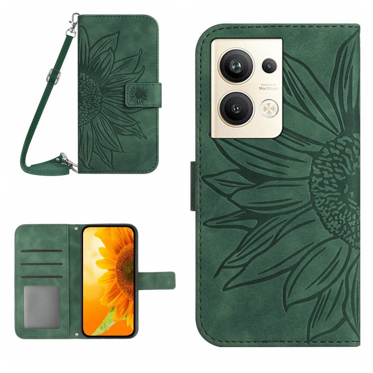 For OPPO Reno9 Pro+ HT04 Skin Feel Sun Flower Embossed Flip Leather Phone Case with Lanyard