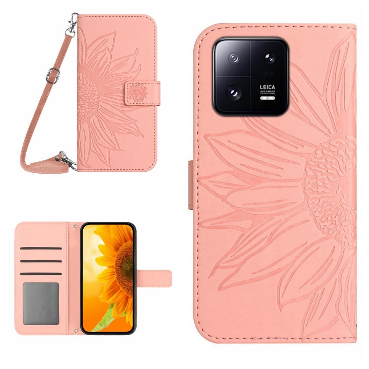 For Xiaomi 13 HT04 Skin Feel Sun Flower Embossed Flip Leather Phone Case with Lanyard