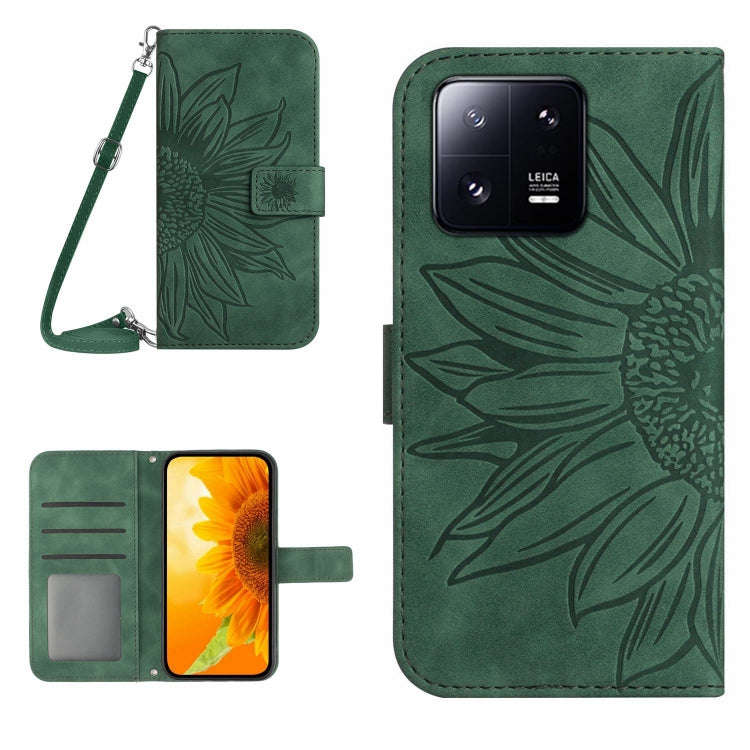 For Xiaomi 13 HT04 Skin Feel Sun Flower Embossed Flip Leather Phone Case with Lanyard