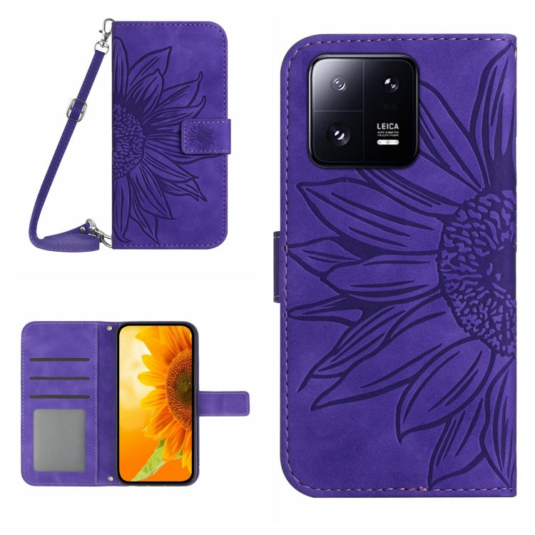 For Xiaomi 13 Pro HT04 Skin Feel Sun Flower Embossed Flip Leather Phone Case with Lanyard