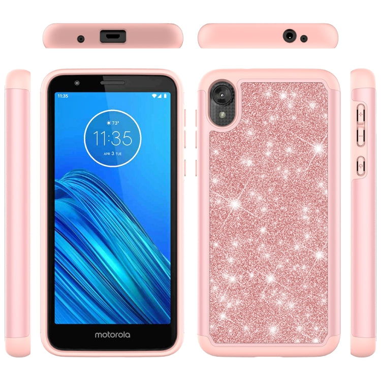 For Motorola Moto E6 Glitter Powder Contrast Skin Shockproof Silicone + PC Protective Case(Rose Gold)