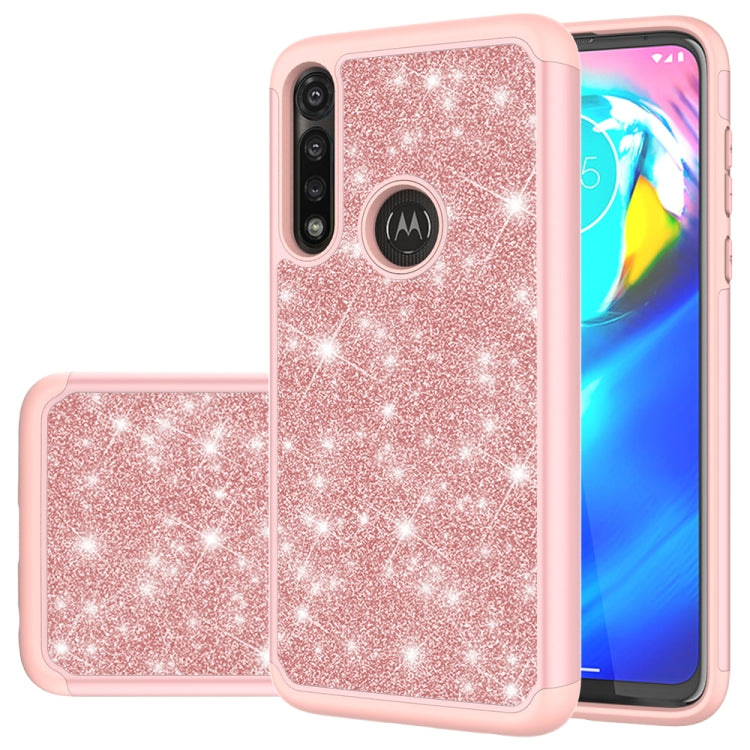 For Motorola Moto G Power(2020) Glitter Powder Contrast Skin Shockproof Silicone + PC Protective Case(Rose Gold)