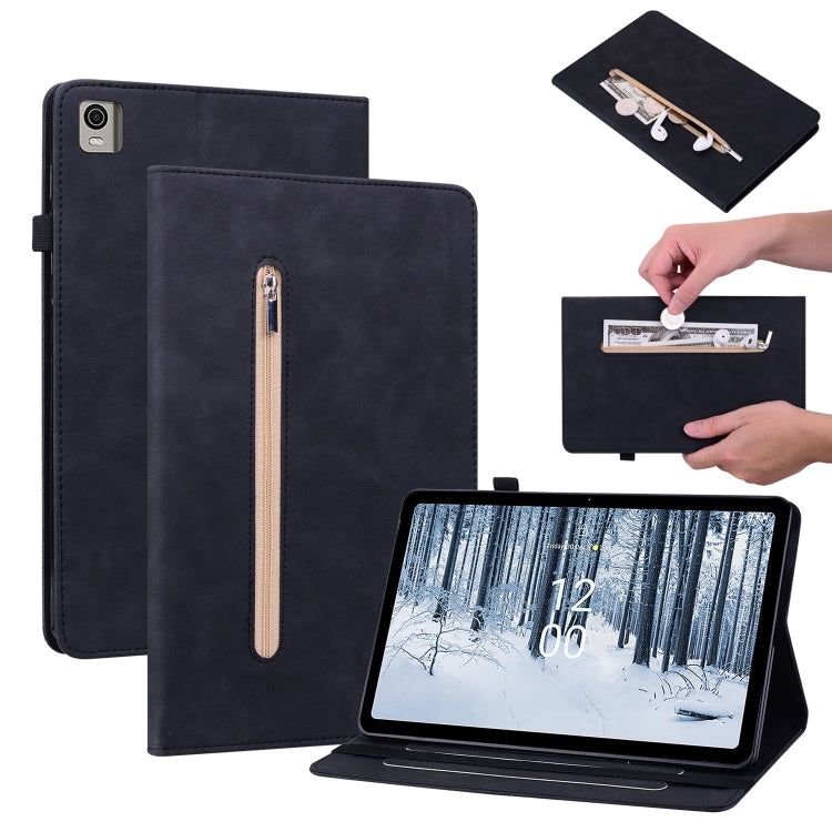 For Nokia T21 Skin Feel Solid Color Zipper Leather Tablet Case