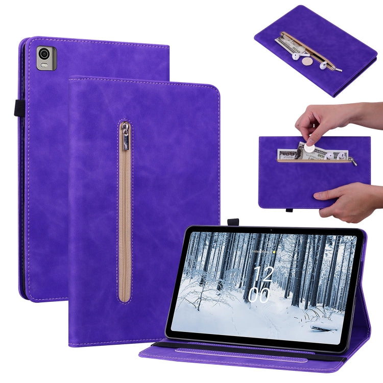 For Nokia T21 Skin Feel Solid Color Zipper Leather Tablet Case