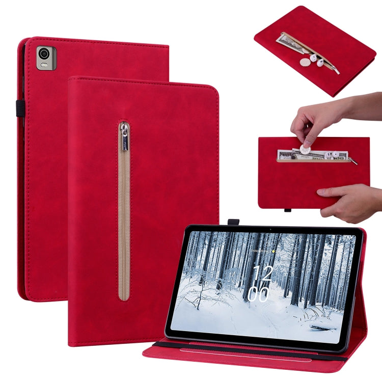 For Nokia T21 Skin Feel Solid Color Zipper Leather Tablet Case