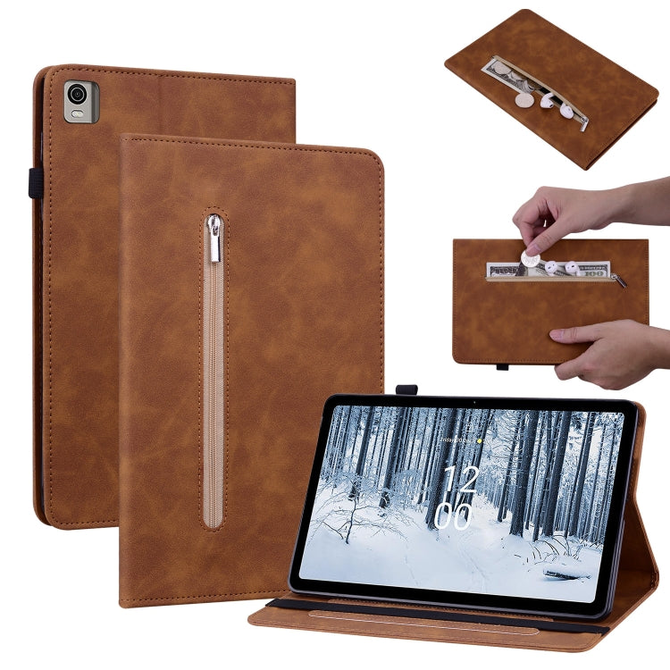 For Nokia T21 Skin Feel Solid Color Zipper Leather Tablet Case