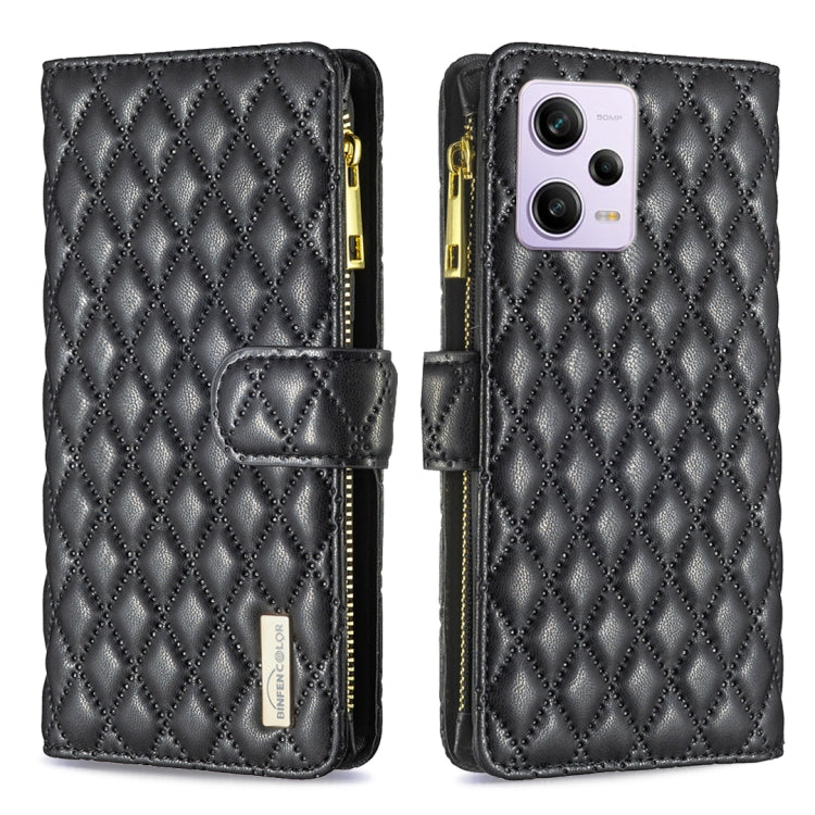 For Xiaomi Redmi Note 12 Pro 5G Global Diamond Lattice Zipper Wallet Leather Flip Phone Case