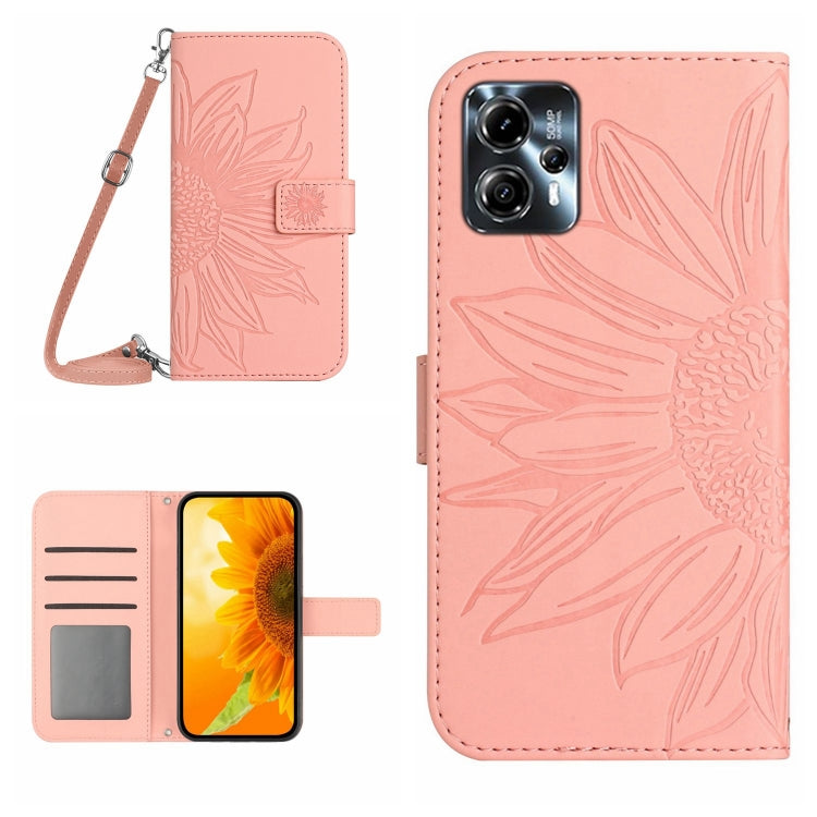 For Motorola Moto G23 4G/G13 4G HT04 Skin Feel Sun Flower Embossed Flip Leather Phone Case with Lanyard