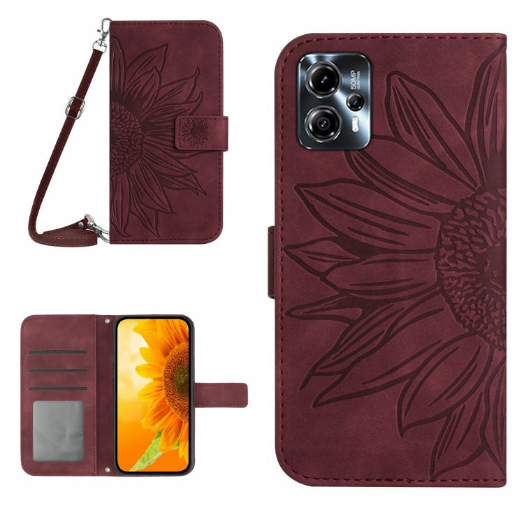 For Motorola Moto G23 4G/G13 4G HT04 Skin Feel Sun Flower Embossed Flip Leather Phone Case with Lanyard